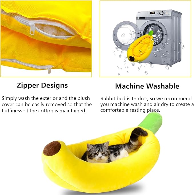 Rabbit Bed,Bunny Bed,Thick&Soft with Removable Mat,Machine Washable Guinea Pig Cushion,Cozy Rabbi Plush House,Warm Small Animal Sleeping Beds(Yellow Banana Shape-L)