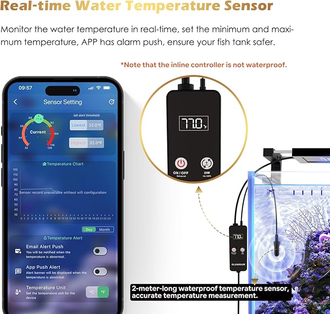 GLOWRIUM Saltwater Aquarium Light, Smart Reef Coral Fish Tank Light with Bluetooth + WiFi Dual Control App, DIY Spectrum, Brightness Adjustable, Anti-Drop, Real Time Water Temperature Sensor(18-24 in)
