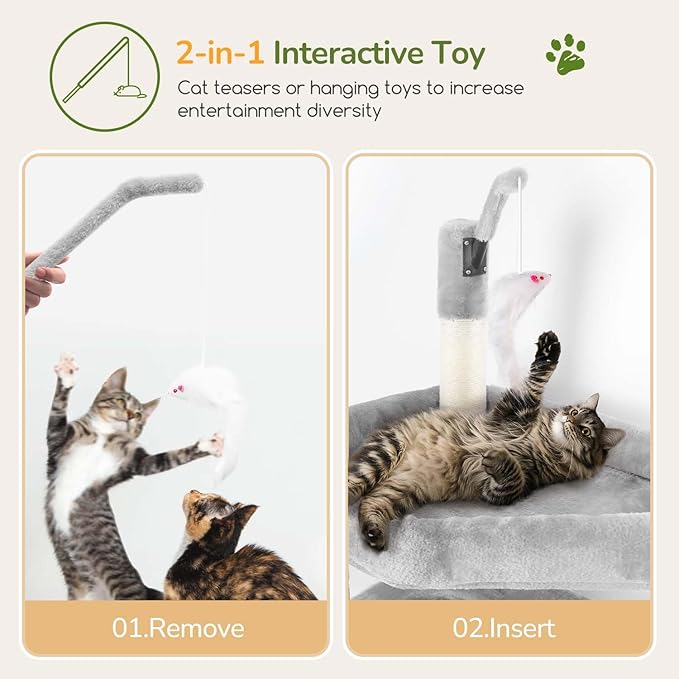 Globlazer Large Cat Tree Tower, Tall Cat Tree Condos for Indoor Cats Large Adult Cat Climbing Tower with 2 Spacious Caves, Oversized Top Perch, Big Hanging Basket, Cat Teaser Wand, F74B, Light Grey