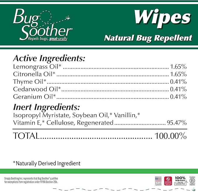 Bug Soother Wipes (100 ct) - Natural Insect, Gnat and Mosquito Repellent & Deterrent - 100% DEET-Free Safe Bug Wipes for Adults, Kids, & Pets - Made in USA