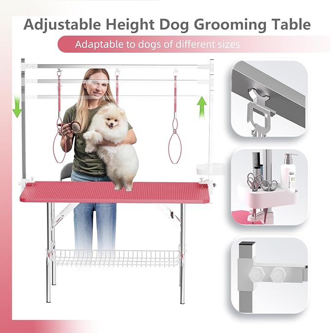 VFK 47'' Large Dog Grooming Table Stainless Steel Foldable Grooming Table for Dogs at Home Adjustable Height Arms Pet Station with Nooses, Mesh Tray, Tool Organizer