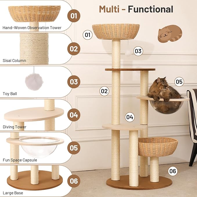 Rattan Cat Climbing Tower Condo with Scratching Post,Capsule,Basket,and Bed Modern Heavy Duty Cat Tree for Indoor Cat Large Adult