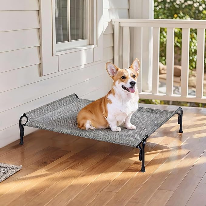 Veehoo Outdoor Elevated Dog Bed, Raised Dog Cot for Small Medium Dogs, Cooling Washable Waterproof Pet Hammock Beds with Slope Headrest, Breathable Mesh and Sturdy Frame, M, Black Silver, CWC2204