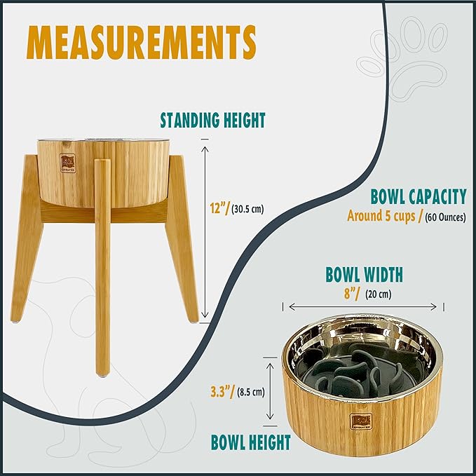 Slow Feeder Dog Bowls for Large Breed - Elevated, Raised 12-inch High - Bamboo Bowl with [60-oz Cap] Stainless Steel Inner Dish, Slow Feeding Insert Pad and Single Stand