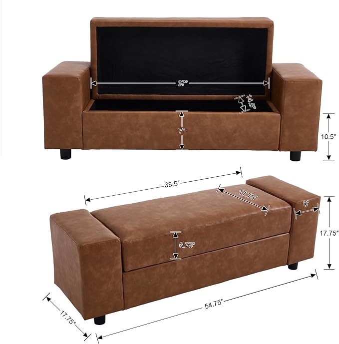 Storage Ottoman Bench 55 Inch Upholstered Comfy PU Leather End of Bed Bench with Large Storage for Bedroom/Living Room/Entryway/Closet(Brown)