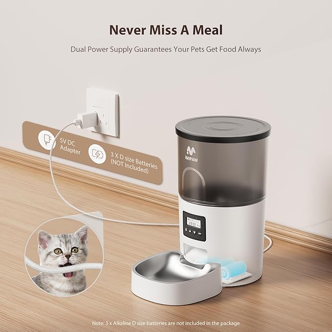 Automatic Cat Feeder, 3L Timed Pet Dry Food Dispenser with Clog-Free Design, Auto Feeder for Cats, 1-6 Meals Per Day,with Stainless Steel