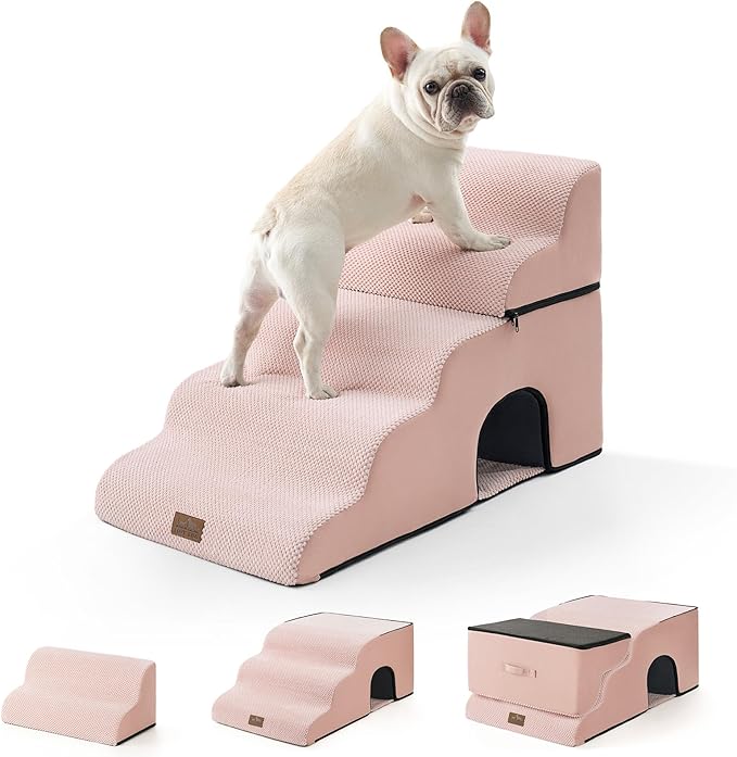 Extra Wide Dog Stairs with Tunnel, Detachable Large Pet Step for Small Medium Dog, Puppy or Cat, Ramp for High Bed, Couch, Sofa or Car, Stable, 19.7x33x22.4 inch, 5 Step, Pink