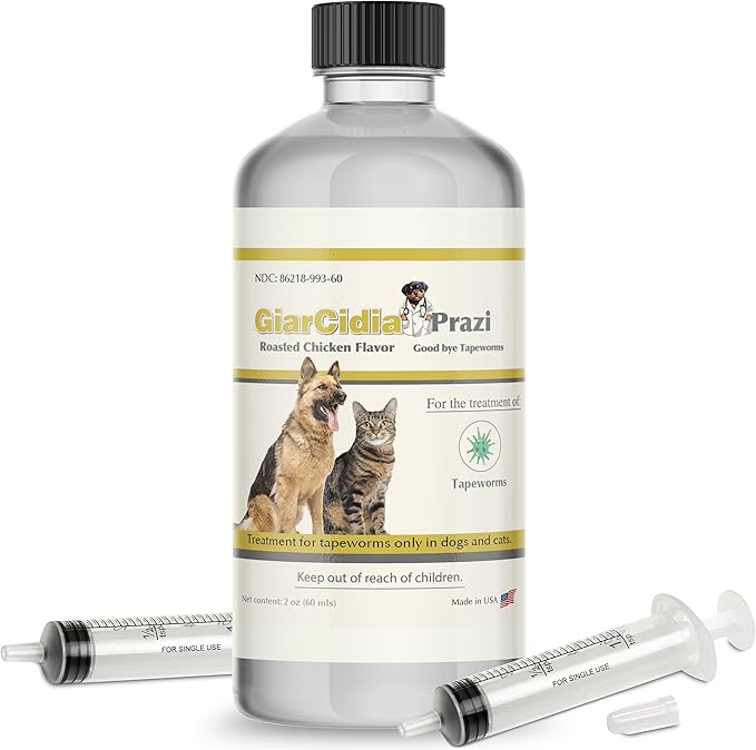 Say Good Bye to Tapeworms in Dogs and Cats with GiarCidia Prazi for 60 MLS Liquid - Include 3 ml Dropper with Cap