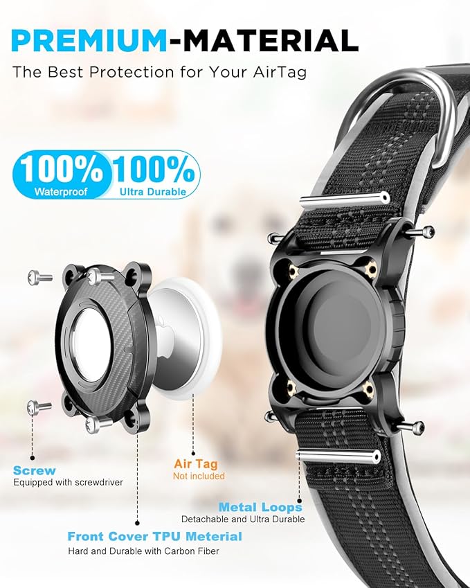 ONEONTA Airtag Dog Collar | Waterproof Airtag Dog Collar Holder with Removable Metal Loop - Airtag Collar Heavy Duty, Reflective, Ultra-Durable, Comfortable Padded, for Small Medium Large Dog, Blue M