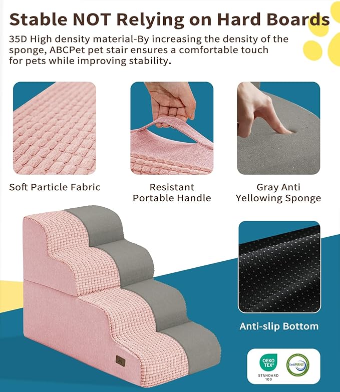 Dog Step for Bed, Dog Stair 4-Step 35D Pet Stair 19.7" H for High Bed or Sofa Non-Slip Balanced Pet Step Indoor, Pink