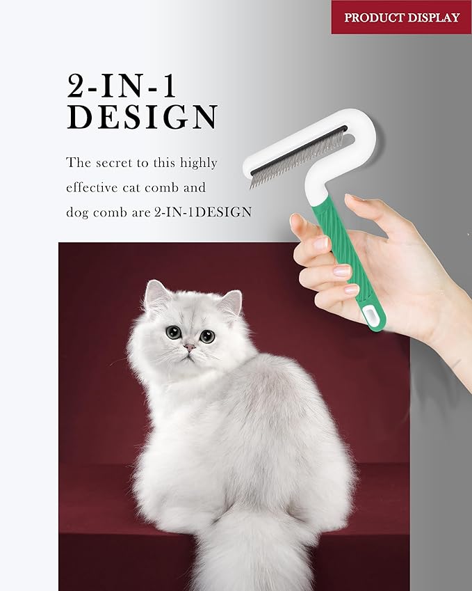 Pet Flea Comb for Dogs & Cats - Grooming Tool with Long & Short Steel Teeth, Safely Removes Tangles and Knots, Gentle Detangling Brush for Pet Hair (TG2043)(Green)