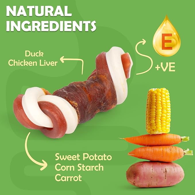 MON2SUN 2.5" Rawhide Free Dog Treats with Mixed Vegetables, Duck Wrapped Mini Knot Bones for Small Dogs, Healthy Snacks for Balanced Nutrition, 21.2oz