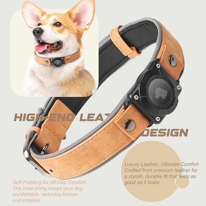 AirTag Dog Collar - Leather Dog Collar with Air Tag Holder | IPX8 Waterproof, Reflective, High - End, Adjustable Soft Padded | Dog GPS Tracker Collars Fit for Medium Large Dogs (Light Brown, XL)