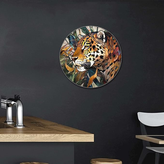 Lygond Metal Sign Tin Sign Circular Stained Glass Jaguar Boho Bedroom Decorations for Yard 12×12 Inches