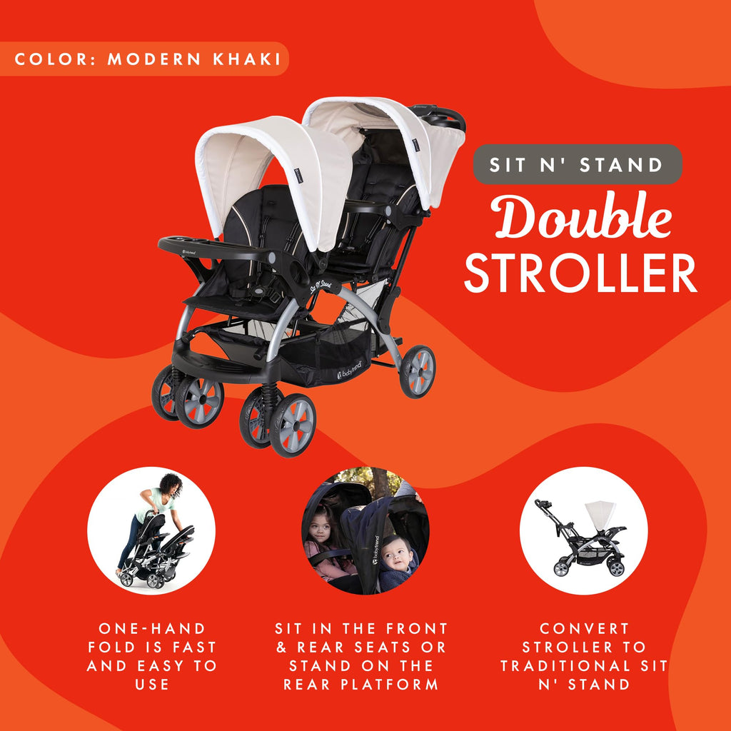 Baby Trend Double Infant and Toddler Stroller w/ Harness and Basket, Sit N' Stand, Stormy - Convertible Twin and Tandem Strollers for Babies