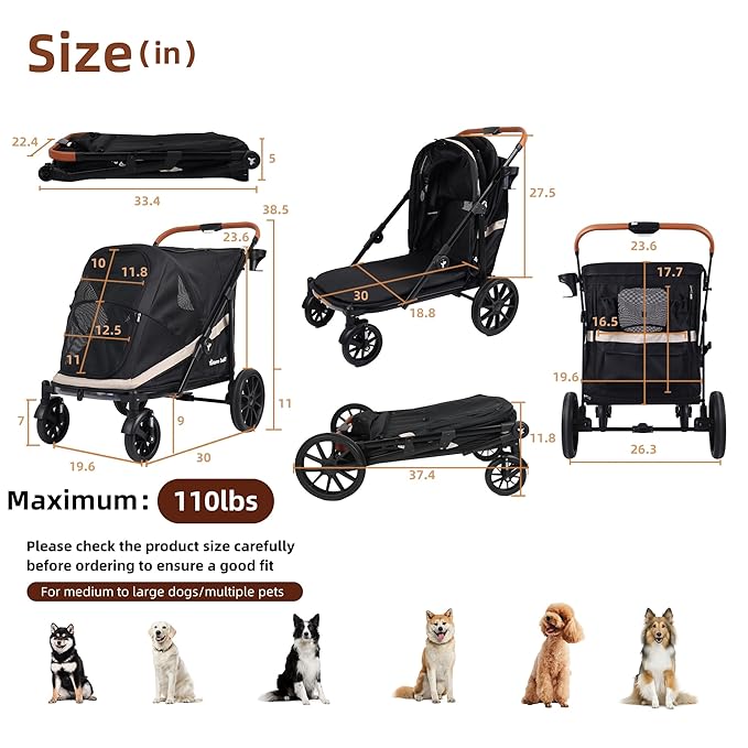 Dog Stroller for Large Dogs One-Click Folding 4 Wheel Foldable Dog Stroller for 2 Dogs with Storage Pocket Suitable for Pets Up to 110LBS (Black, Large)