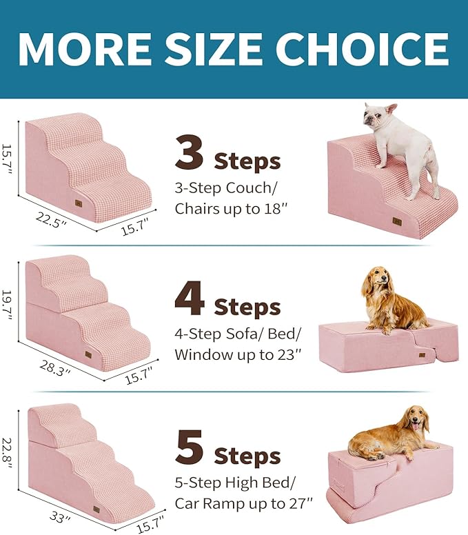 Dog Step for Bed, Dog Stair 3-Step 35D Pet Stair 15.7" H for High Bed or Sofa Non-Slip Balanced Pet Step Indoor, Pink