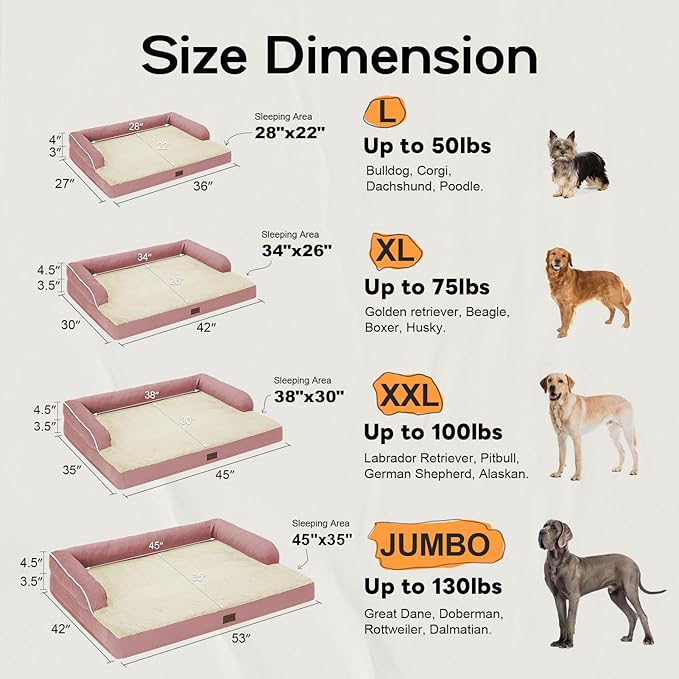 Large Dog Bed Orthopedic Washable Extra Pink XL XLarge Big Dog Bed with Washable Bolster & Memory Foam Couch Sofa - Waterproof with Removable Cover