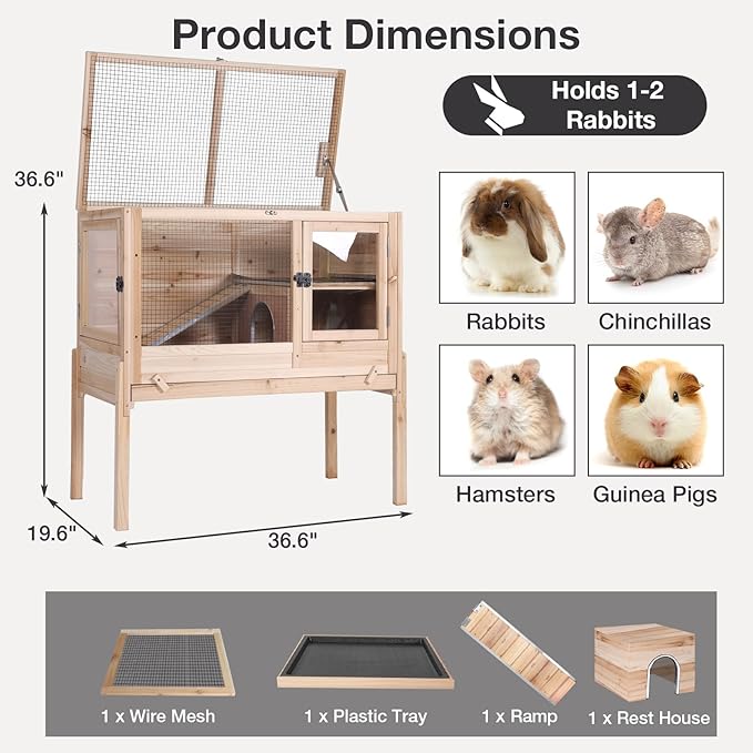 Guinea Pig Cage with Wooden Stand - Hamster Cage, Small Animal Cage Anti Chew Ramp, Hideout, Platform, Pull Out Tray (Wood, L)