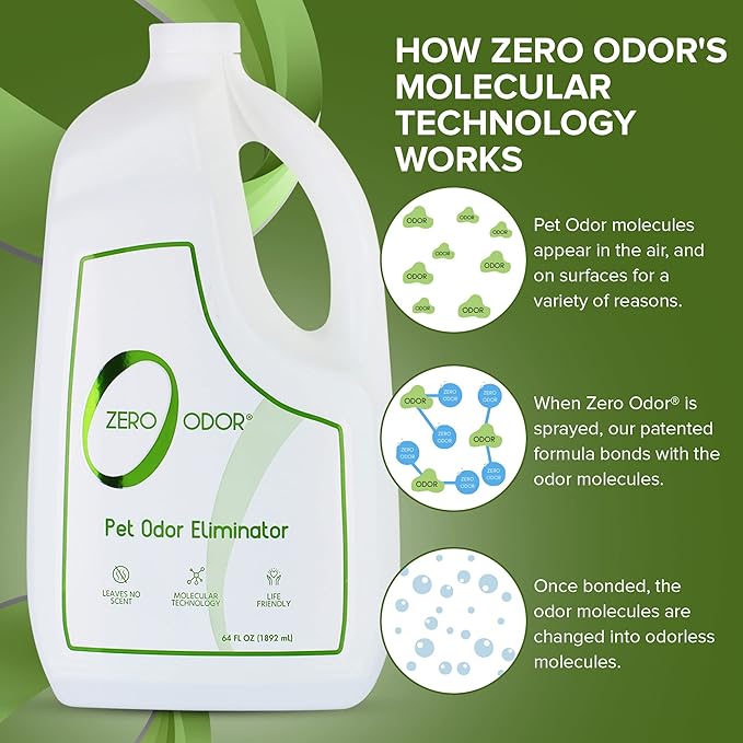 Zero Odor - Pet Odor Eliminator for strong odor, Eliminate Air & Surface Odors – Patented Molecular Technology Best For Carpet, Furniture, Beds Smell Great Again, 64oz Refill
