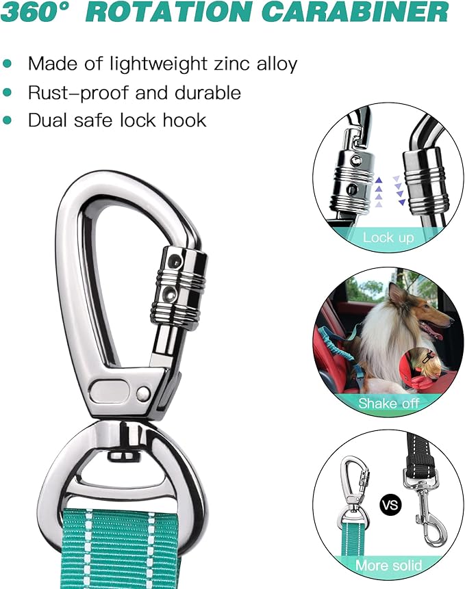 AUBELL Dog Seat Belt for Car,2 Pack Set 3-in-1 Adjustable Reflective Bungee Heavy Duty Dog Car Harness Tether with Clip Hook Latch & Buckle,Swivel Zinc Alloy Carabiner,Black+Teal