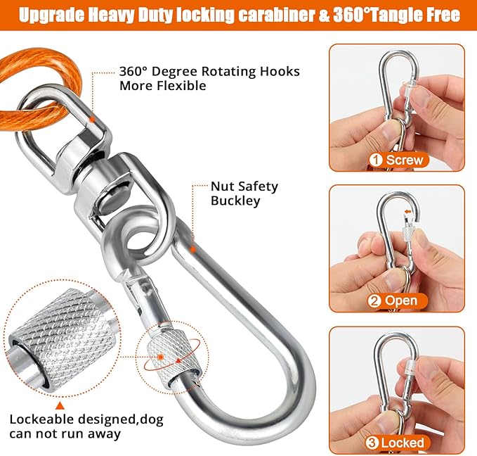 Jenico Dog Tie Out Cable, 10/15/20/30/40/50/70/100/150FT Runner Cable with Swivel Hook and Shock Spring, Yard and Camping Dog Leash Run Tether, Up to 500 LBS