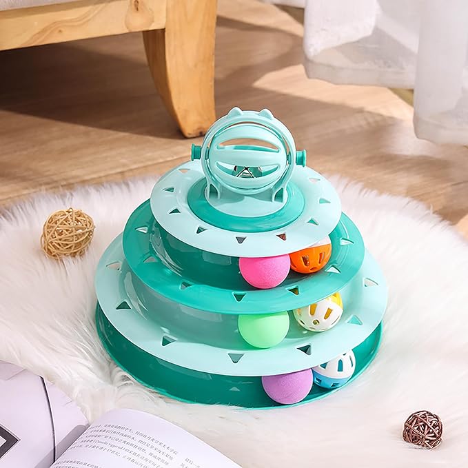 Vealind Cat Toy Roller 4-Level Turntable Cat Toys Balls with Colorful Pom Pom Balls Interactive Fun Mental Physical Exercise Puzzle Kitten Toys (Green)
