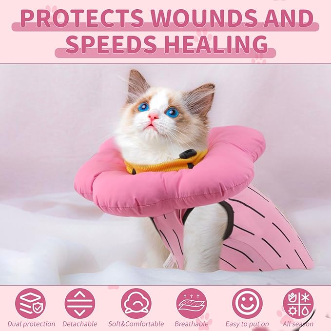 EMUST Cute Cat Recovery Suit & Cone Collar Set - Soft, Adjustable Flower Collar for Female Kittens Under 4lb (Pink, S)