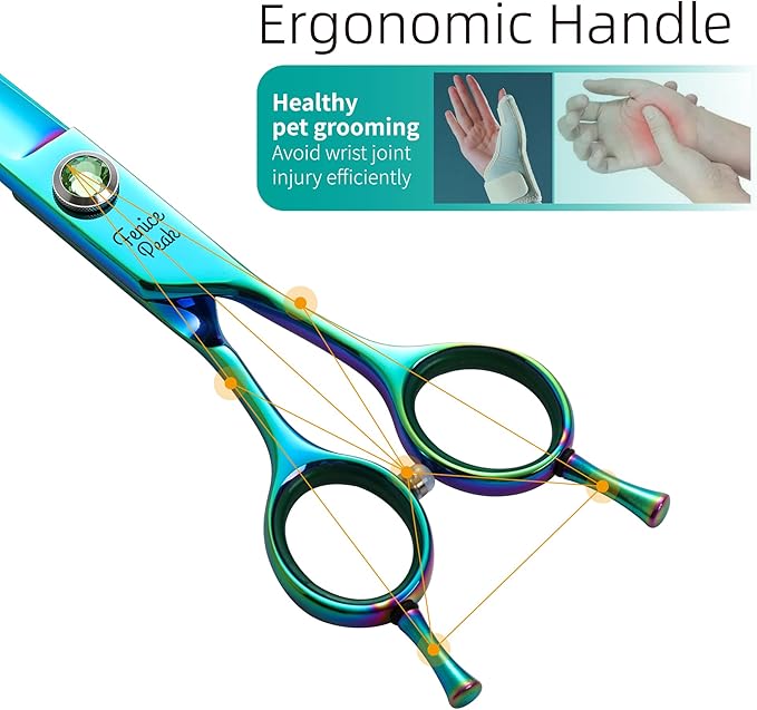 Fenice Peak Green Dog Grooming Scissors Set Straight Thinning Curved and Chunker Shears 4PCS Kit with Simulated Emerald Screw 440C Trimming Shears Durable and Sharp