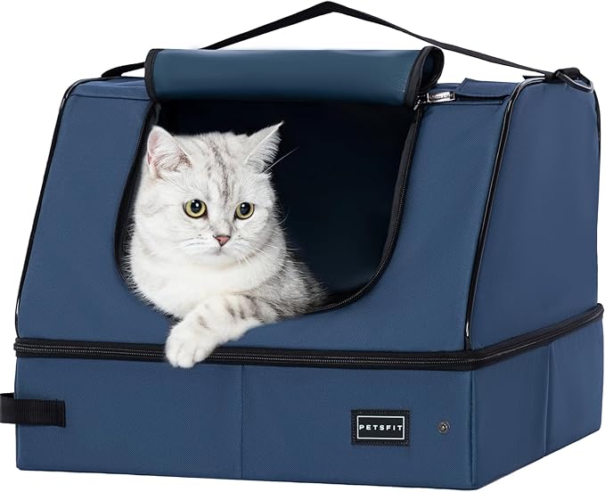 PETSFIT Travel Litter Box for Cats - Removable 2-Layer Leak-Proof Lining, Scratch-Resistant Fabric with Sturdy Support Frame, Cat Collapsible & Travel Litter Box Navy Blue