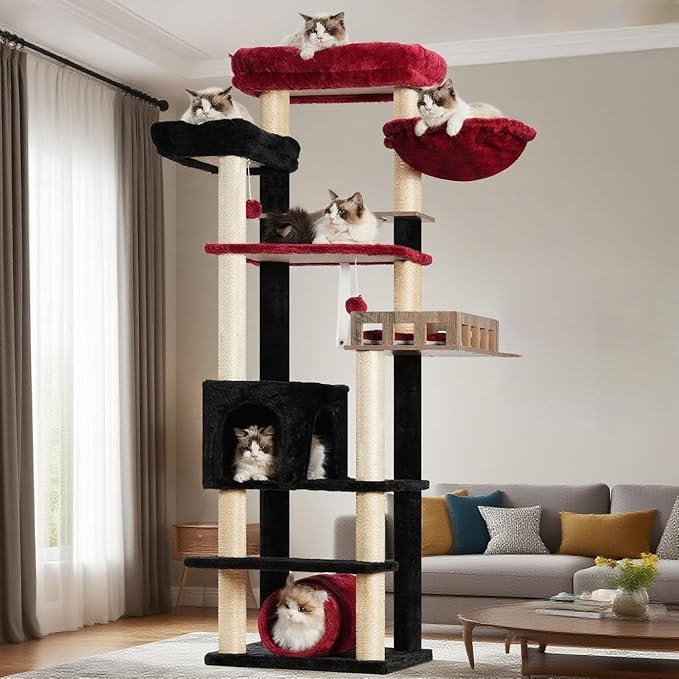 Cat Tree with Tunnel, Cat Tower for Indoor Cats, Tall Gothic Cat Tree Tower with Cat Condo, Food Station, Large Platform, Scratching Posts, Hammock, Black and Red GCT021BR