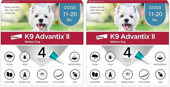 K9 Advantix II Medium Dog Vet-Recommended Flea, Tick & Mosquito Treatment & Prevention | Dogs 11-20 lbs. | 4-Mo Supply (Pack of 2)