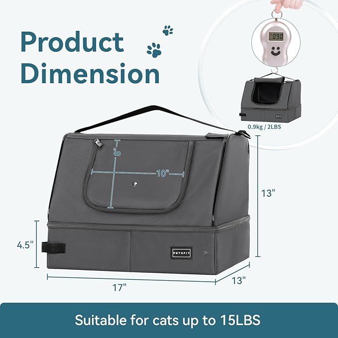 PETSFIT Portable Cat Litter Box - Removable 2-Layer Leak-Proof Lining, Scratch-Resistant Fabric with Sturdy Support Frame, Travel & Collapsible Cat Litter Box Grey