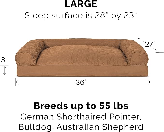 Furhaven Pillow Dog Bed for Large/Medium Dogs w/ Removable Bolsters & Washable Cover - Quilted Sofa - Toasted Brown, Large