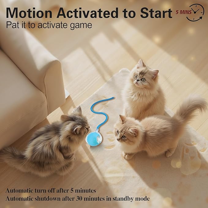 Interactive Cat Toys Ball for Indoor Cats, Automatic Agile Rolling Cat Ball with Elastic Mesh Tail, Bird Chirping & Motion Activated, 2 Tail Accessories, Kitten Toy for Bored (Blue)