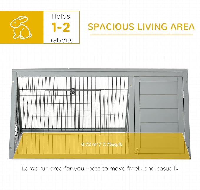 PawHut 46" x 24" Wooden A-Frame Outdoor Rabbit Hutch, Small Animal Cage, Bunny Hutch with Outside Run & Ventilating Wire, Gray