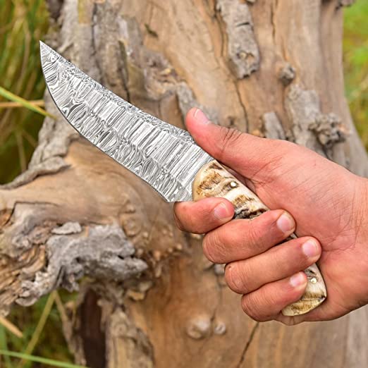 Handcrafted Damascus Hunting Knife: Sheep Horn Handle, 8.5-inch Overall Length, Leather Sheath - KBS Knives Store