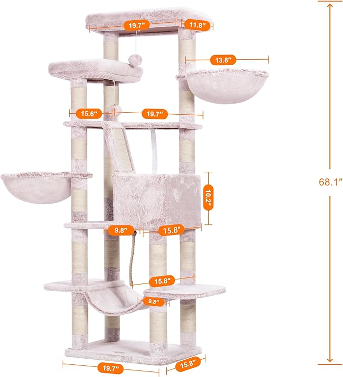 Heybly Cat Tree, 68 inch Multi-Level Cat Tower for Indoor Cats, 2 Widened Plush Perches Cat Condo with Scratching Board and Big Caves, Muchroom HCT025MU