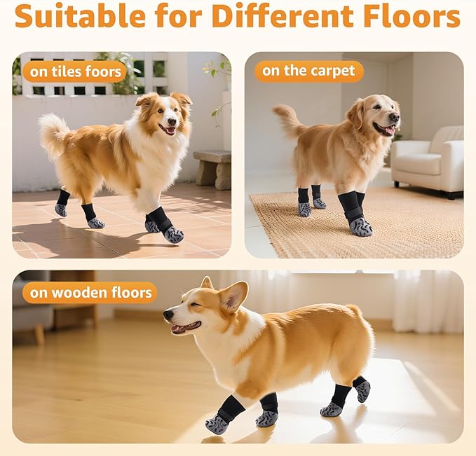 Double Sides Non-Slip Dog Socks to Prevent Licking Paws - Strong Traction for Hardwood Floors, Senior Dogs, Paw Protector, Dog Socks with Grippers Black