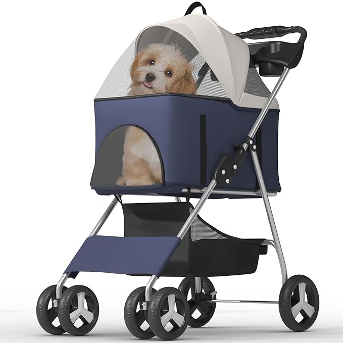 Pet Stroller with 4 Wheels for Small/Medium Pets,Travel Foldable Detachable Carrier for Dog Cat Cage Jogger Stroller, Rear Wheel Breaks, Storage Basket, Visible Mesh Weather Cover (Navy Blue)
