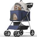 Pet Stroller with 4 Wheels for Small/Medium Pets,Travel Foldable Detachable Carrier for Dog Cat Cage Jogger Stroller, Rear Wheel Breaks, Storage Basket, Visible Mesh Weather Cover (Navy Blue)