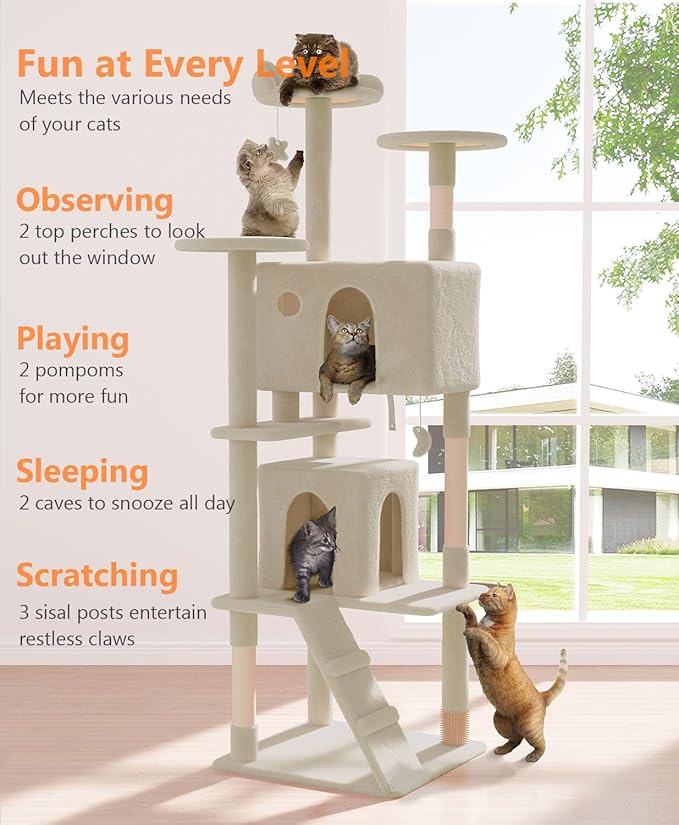 77'' Cat Tree Tower for Indoor Cats Large Adult, Cute/Tall Modern Cat Tree for Big Cats 20 lbs, Plush Multi-Level Cat Condo with Scratching Posts, Dangling Ball for Fun Play (Beige, 77 inch)