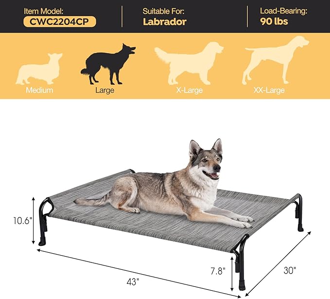 Veehoo Outdoor Elevated Dog Bed, Raised Dog Cot for Large Dogs, Cooling Washable Waterproof Pet Hammock Beds with Slope Headrest, Breathable Mesh and Sturdy Frame, Large, Black Silver, CWC2204