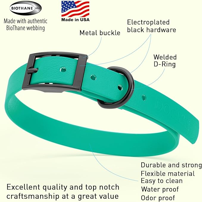 Dogline Biothane Waterproof Dog Collar Strong Coated Nylon Webbing with Black Hardware Odor- Proof for Easy Care Easy to Clean High Performance Fits Small Medium or Large Dogs, Teal