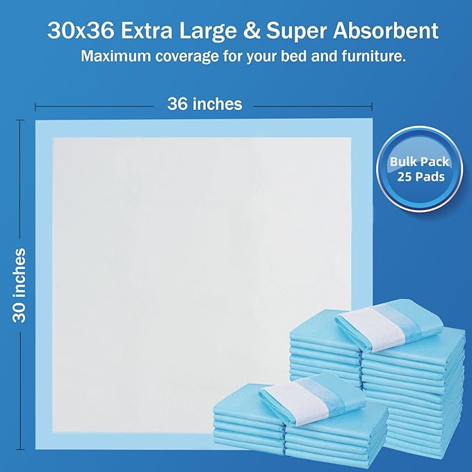 Bed Pads with Adhesive Strip 30"x36" Thicken Elderly Adults Incontinence Underpads Disposable,Heavy Duty Absorbent Chucks Waterproof,XL Extra Large Puppy Pee Training Pad[25 Pads]