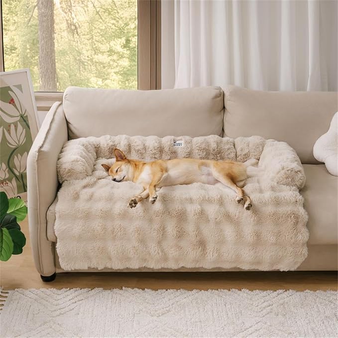 FUNNY FUZZY Pet Fluffy Plush Calming Dog Couch Bed Sofa Protector Washable Pets Mat for Large Medium Small Dogs and Cats (Coffee,47.24 × 37.4 × 6.3 in)