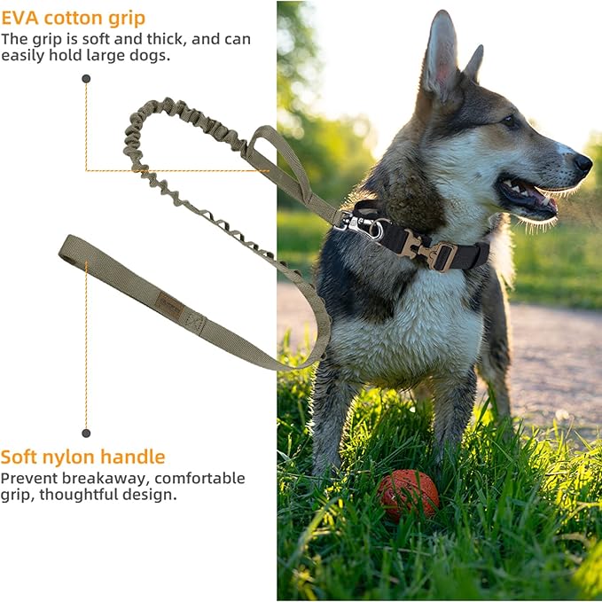 Excellent Elite Spanker Tactical Bungee Dog Leash Military Adjustable Dog Leash Quick Release Elastic Leads Rope with 2 Control Handle(Ranger Green)