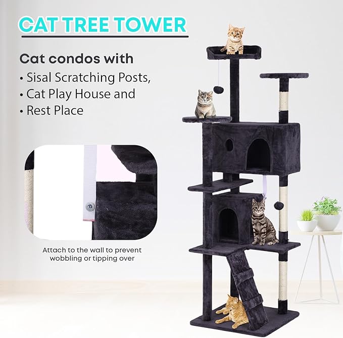 FDW Cat Tree 70in Cat Tower Multi-Level Durable Cat Scratching Post & Cozy Fun Cat Jumping Platform Space Saving Cat Condo Pet Play House for Indoor Cats,Ashy