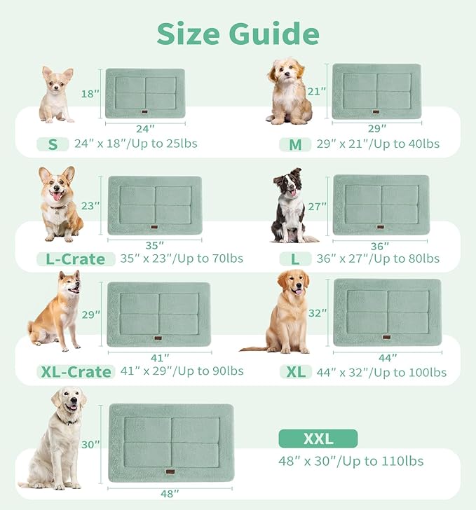 Made4Pets Dog Crate Pad Bed for Medium Large Dogs, Washable & Reversible, Anti-Slip Kennel Mat for Cozy Sleeping, Soft Fluffy Dog Bed for Indoor & Outdoor Use, 35"x23", Green