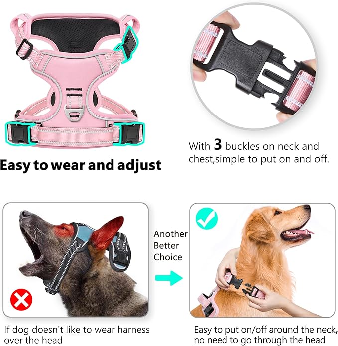 Timos Dog Harness, 3 Snap Buckles No-Pull Soft Padded Dog Vest with 2 Metal Leash Clips, Adjustable Reflective No Choke Pet Harness with Easy Control Handle for Large Dogs,Pale Pink,L